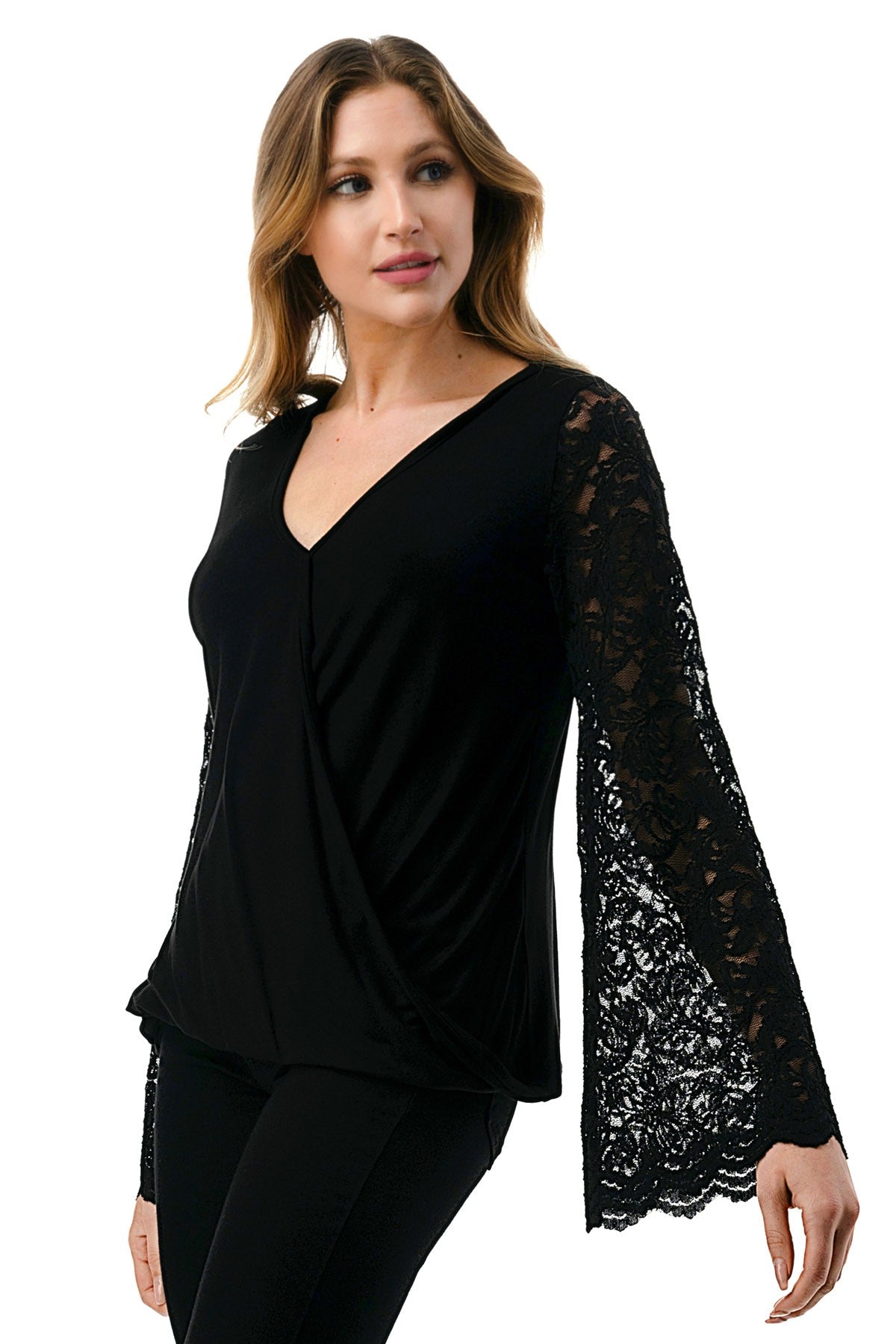 Black Surplice Top With Lace Sleeves