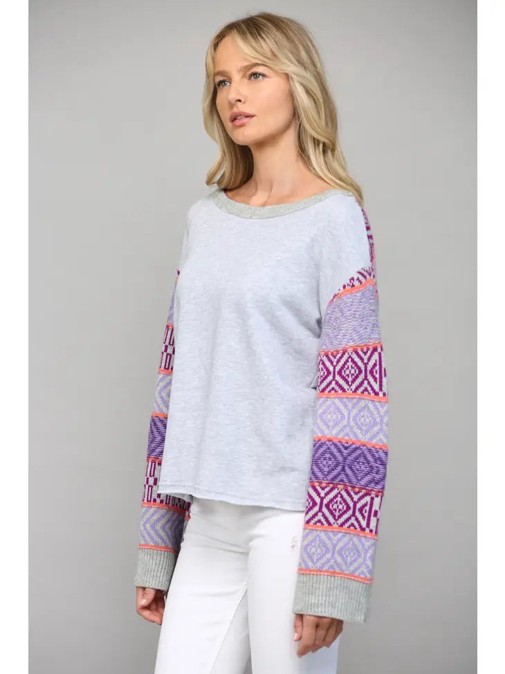 Heather Grey Knitted Sleeve And Yoke Detail Sweatshirt