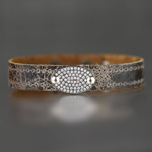 Weathered Brown Leather Cuff With Pave Oval