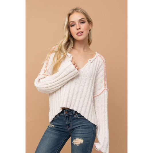 Ivory Oversized V Neck Sweater With Contrast Stitching