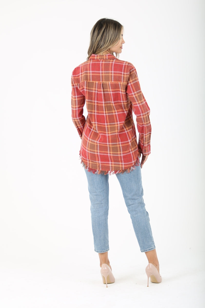 Women's plaid button up with frayed hem, REBELRY BOUTIQUE, Arvada, CO