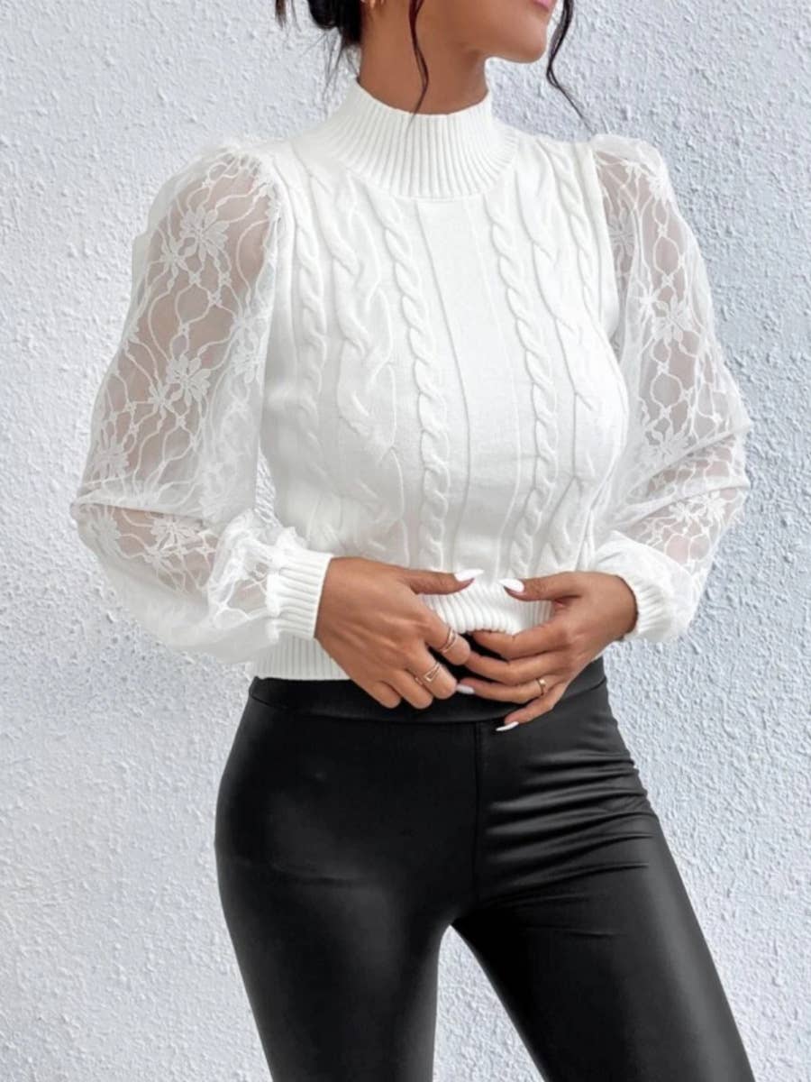 White cable knit sweater with lace detail sleeve,REBELRY BOUTIQUE, Arvada.CO