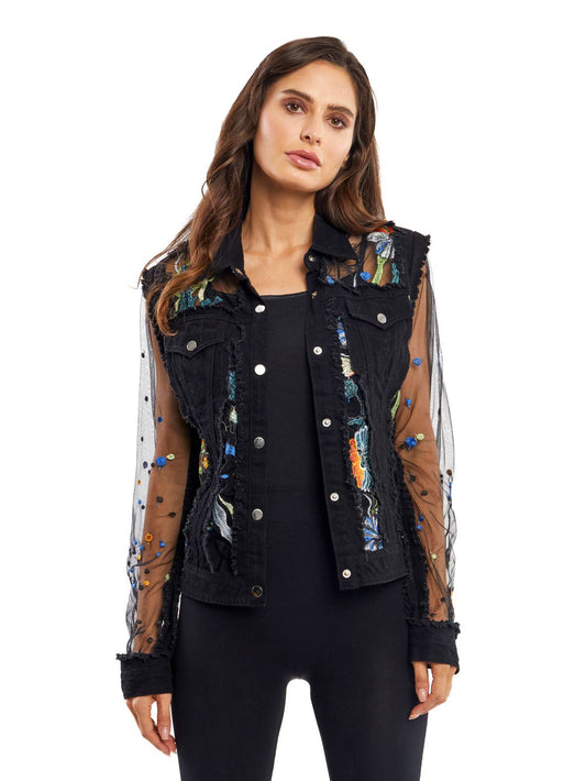 lack Denim Jacket With Floral Embossed Mesh Sleeve, rEBELRY BOUTIQUE, Arvada, CO