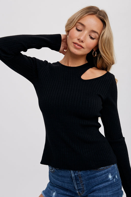 Black Long Sleeve Top With Cut Out Shoulder, REBELRY  BOUTIQUE, Arvada, CO