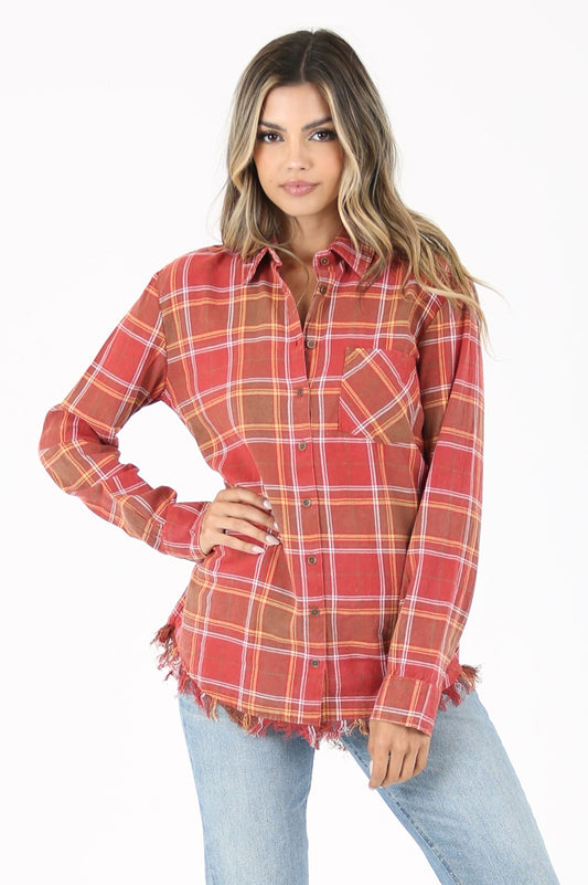 Women's plaid button up with frayed hem, REBELRY BOUTIQUE, Arvada, CO