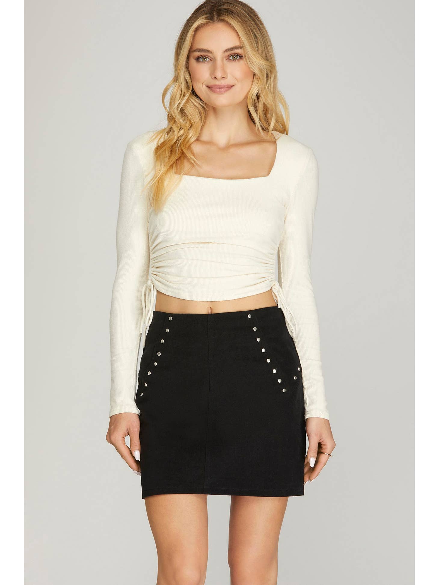 Black mini skirt with stud detail, REBELRY BOUTIQUE, Arvada, CO