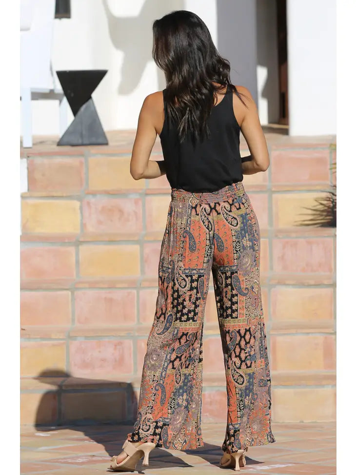 Black And Rust Printed Wide Leg Pants with Elastic Waistband
