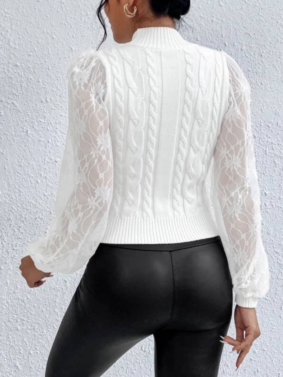 White cable knit sweater with lace detail sleeve,REBELRY BOUTIQUE, Arvada.CO