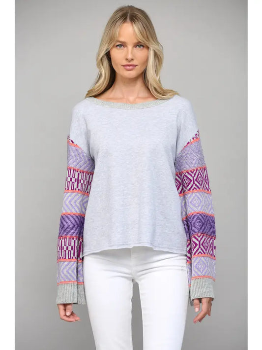 Heather Grey Knitted Sleeve And Yoke Detail Sweatshirt