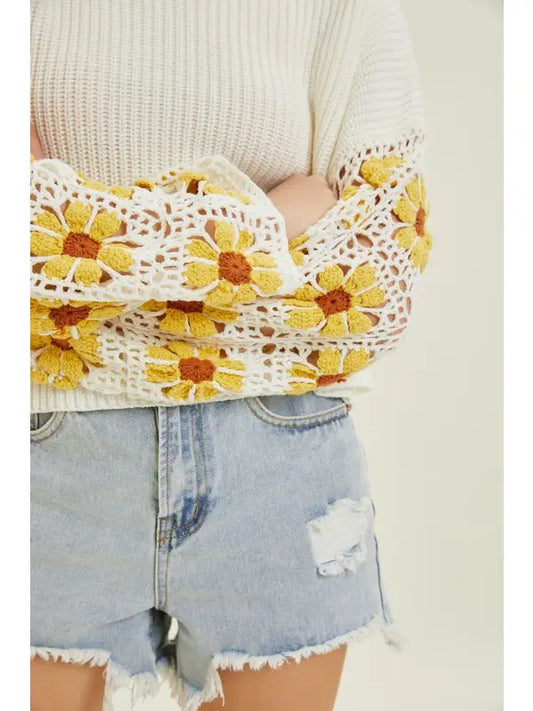 Women's Crochet Sleeve Spring Sweater. REBELRY BOUTIQUE, Arvada, CO