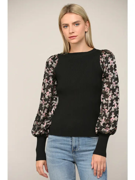 Black Contrast Bournout Velvet Puff Sleeve Round Neck Sweater