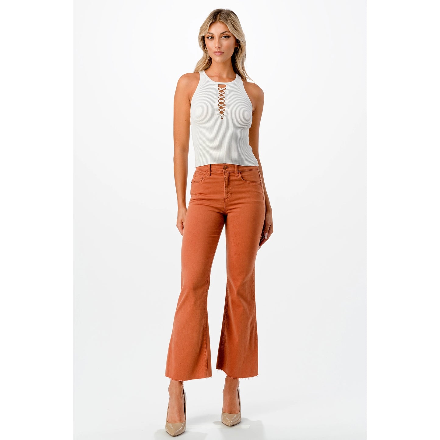 Terracotta High Rise Cropped Flare Jeans With Raw Cut Hem