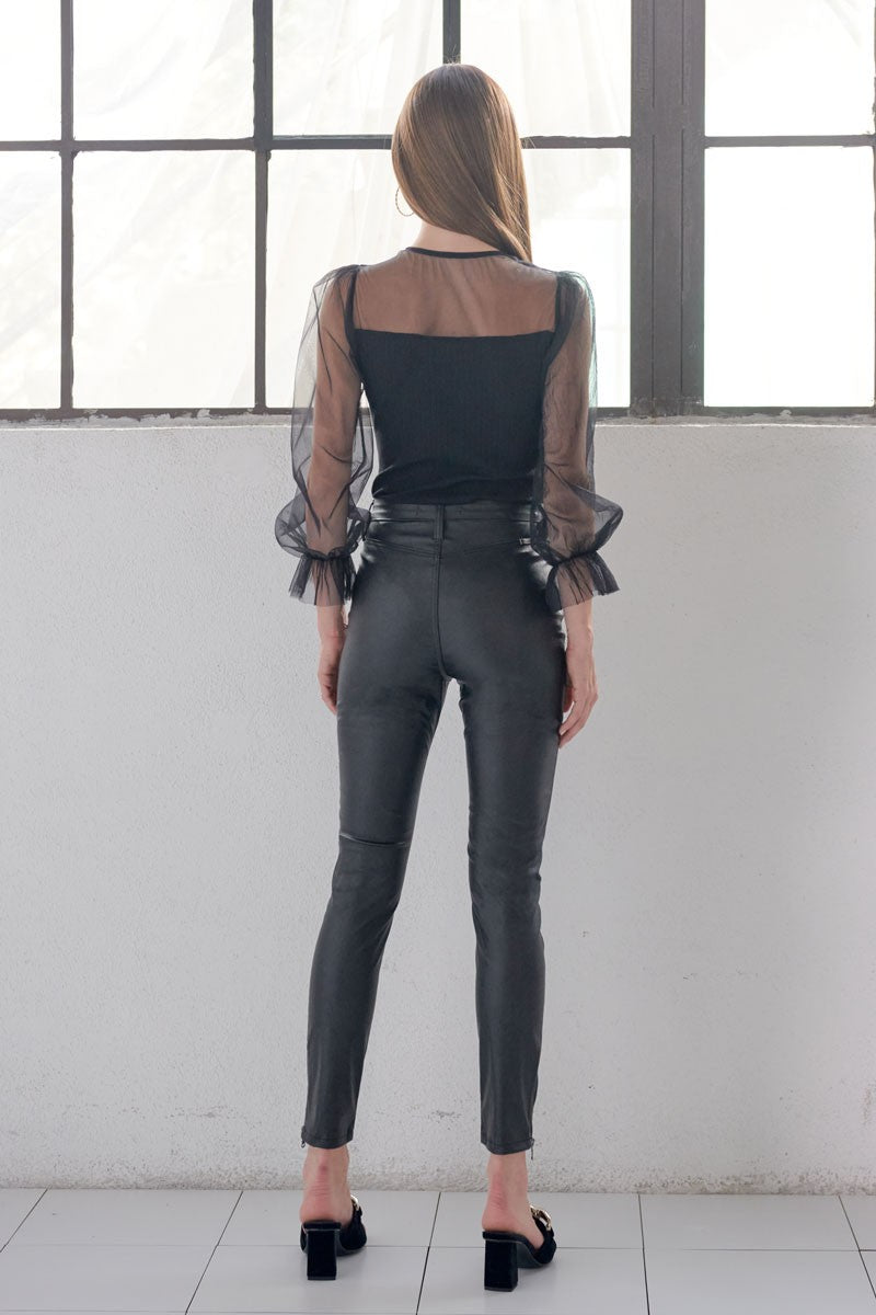 Black High Rise Faux Leather Pant With Zipper at Ankle