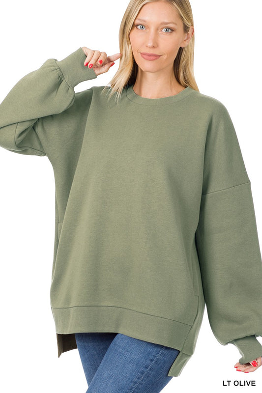 Light Olive Long Sleeve Sweatshirt With Hi/Lo Hem