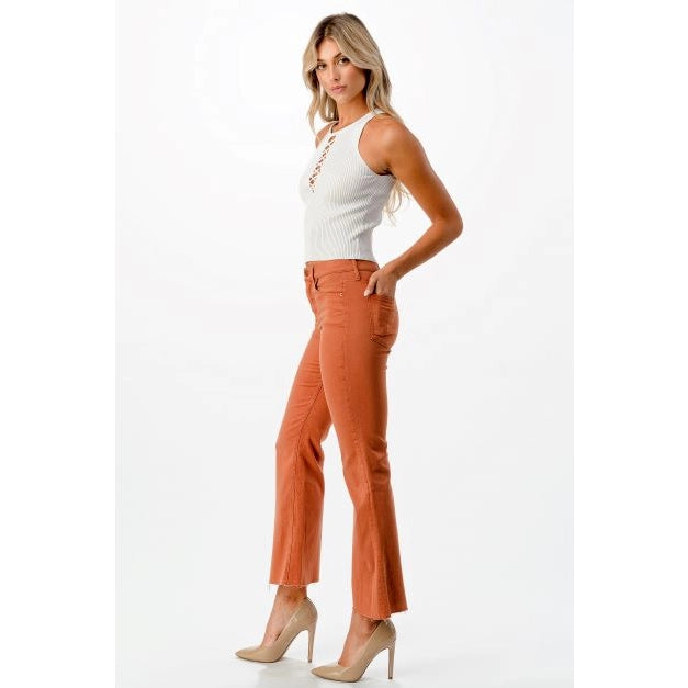 Terracotta High Rise Cropped Flare Jeans With Raw Cut Hem