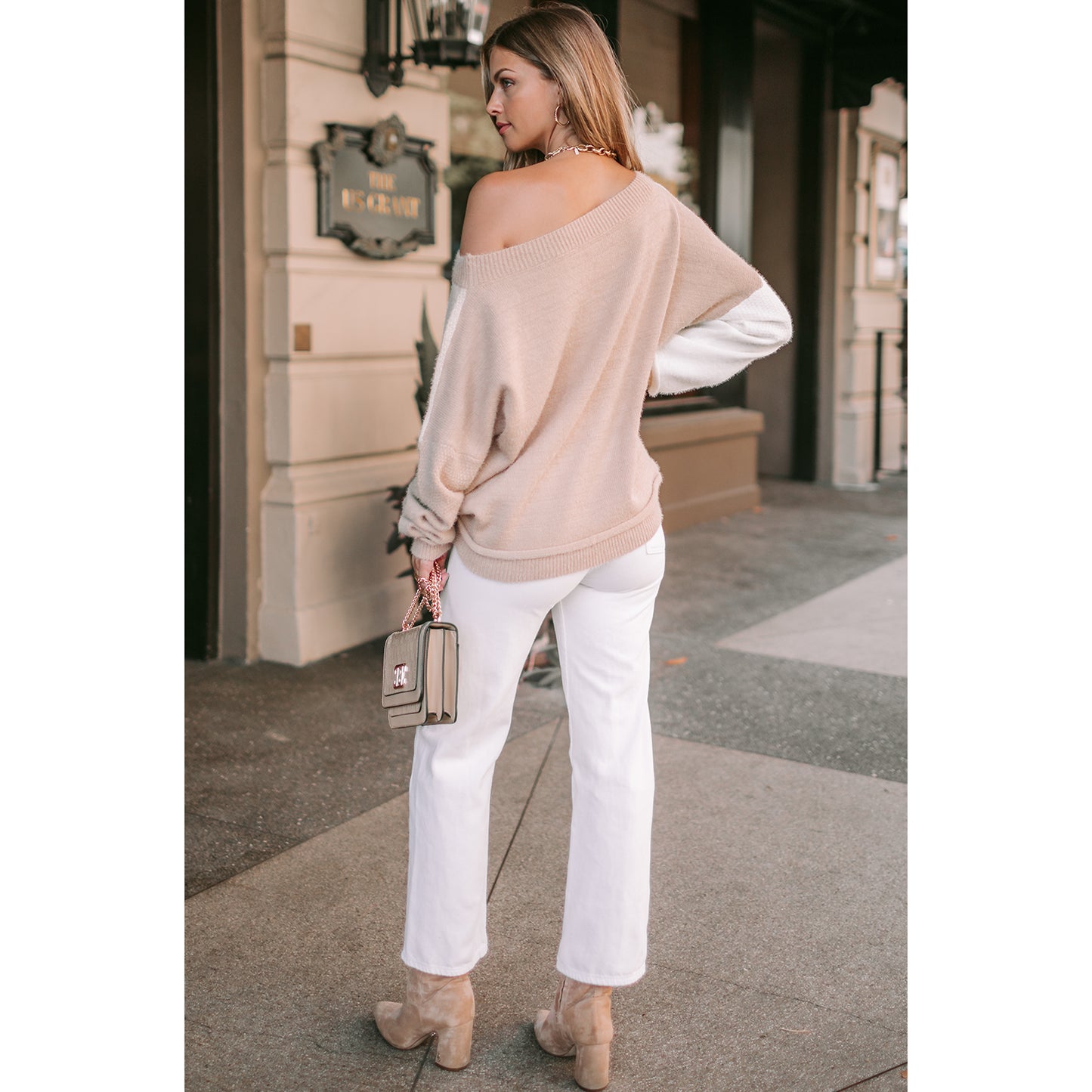 Off Shoulder Taupe/Cream Color Block Patchwork Sweater