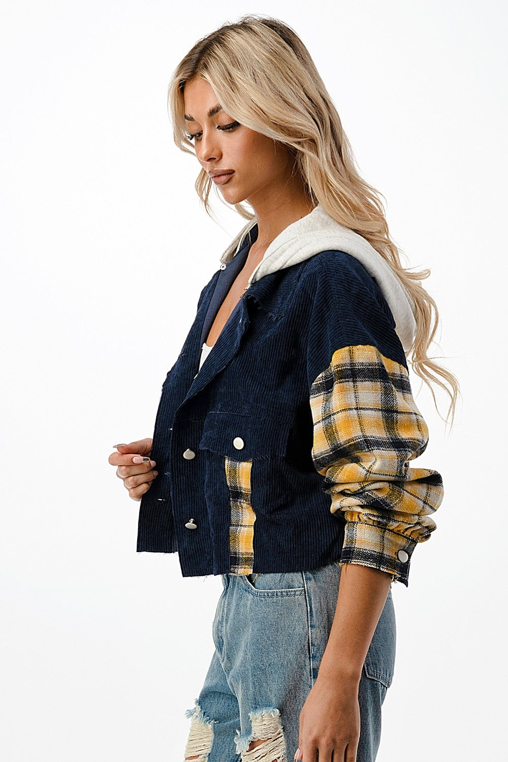 Navy Corduroy Knit Jacket With Contrasting Plaid Design And Detachable Hood