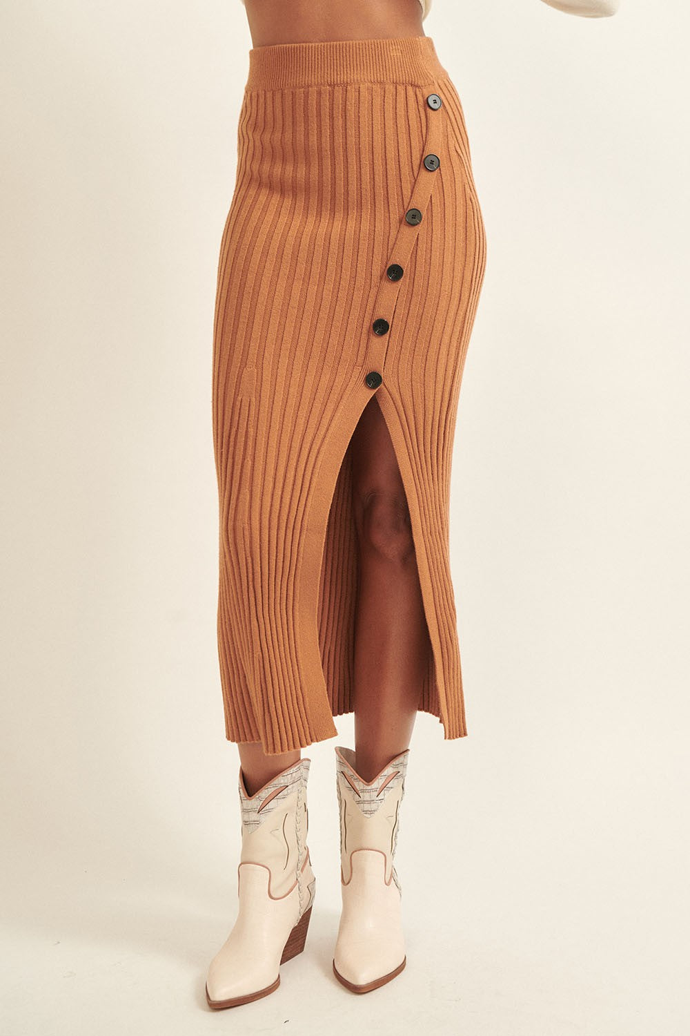 Toffee Ribbed Knit Sweater Skirt With Slit And Decorative Buttons