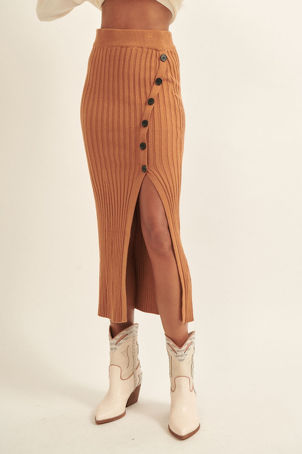 Toffee Ribbed Knit Sweater Skirt With Slit And Decorative Buttons