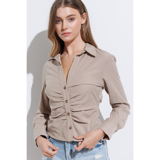 Taupe Cotton Front Wrinkle Detail Top