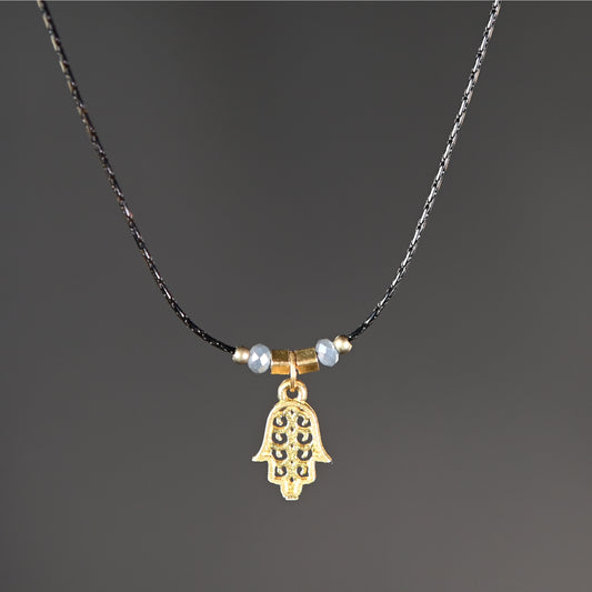 Delicate Beaded Hamsa Necklace With Grey Opal