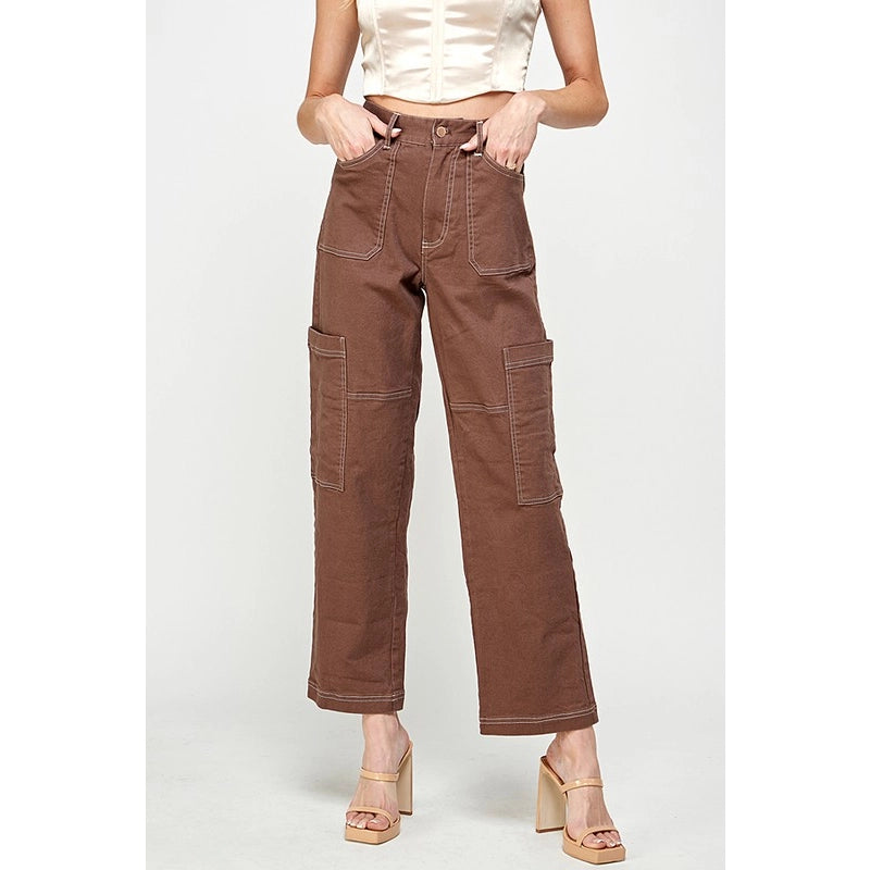 Brown Twill Cargo Pant With Contrast Stitching