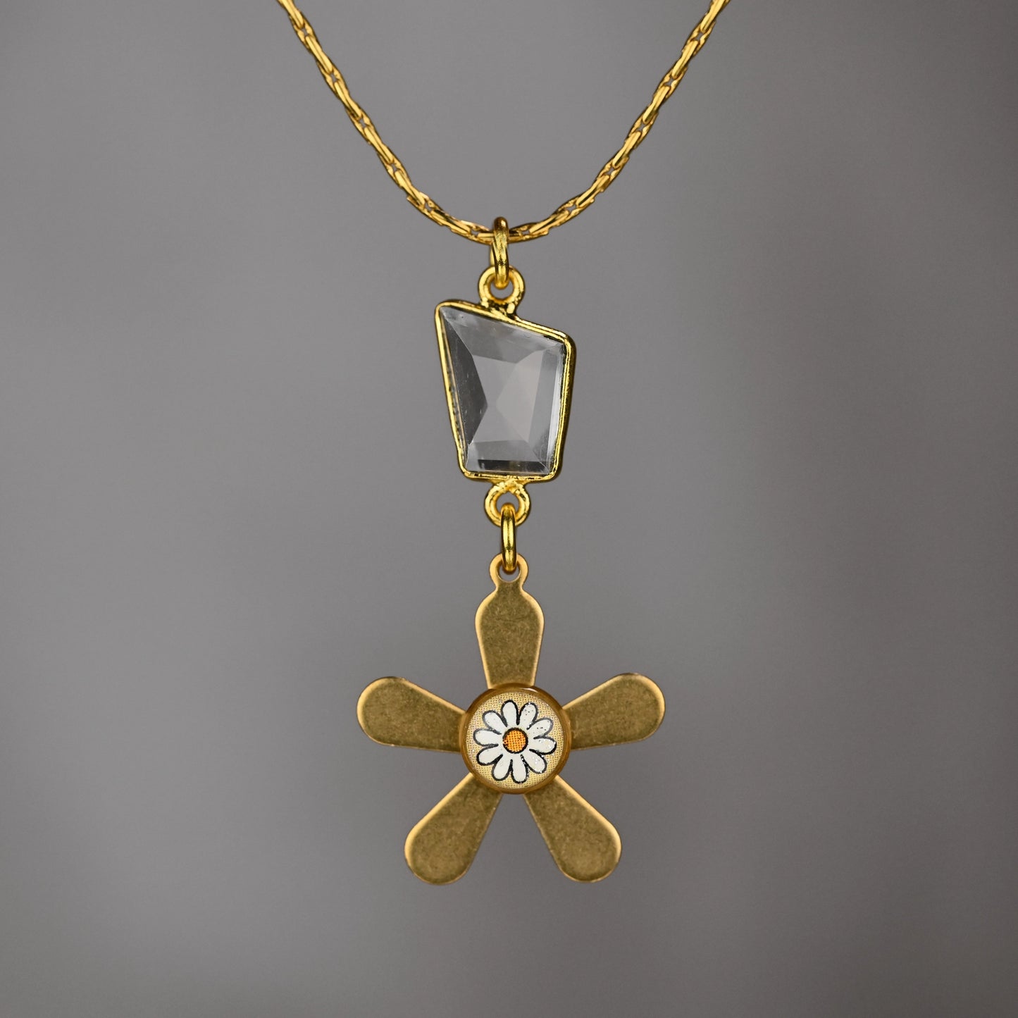 Picture Flower Drop Necklace With Clear Faceted Crystal