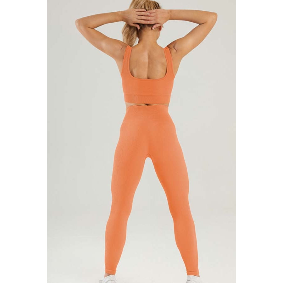 Carrot Orange Ribbed Knit Sports Bra and Legging Set