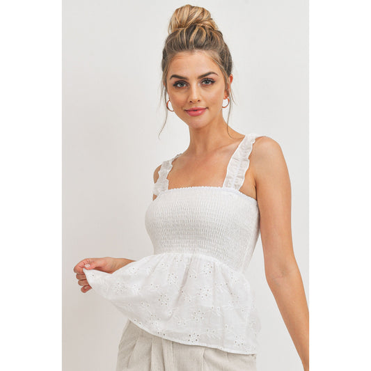 White Smocked and Eyelet Baby Doll Top