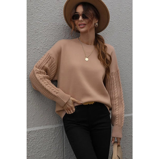 Khaki Loose Knit Sweater With Cable Knit Sleeves