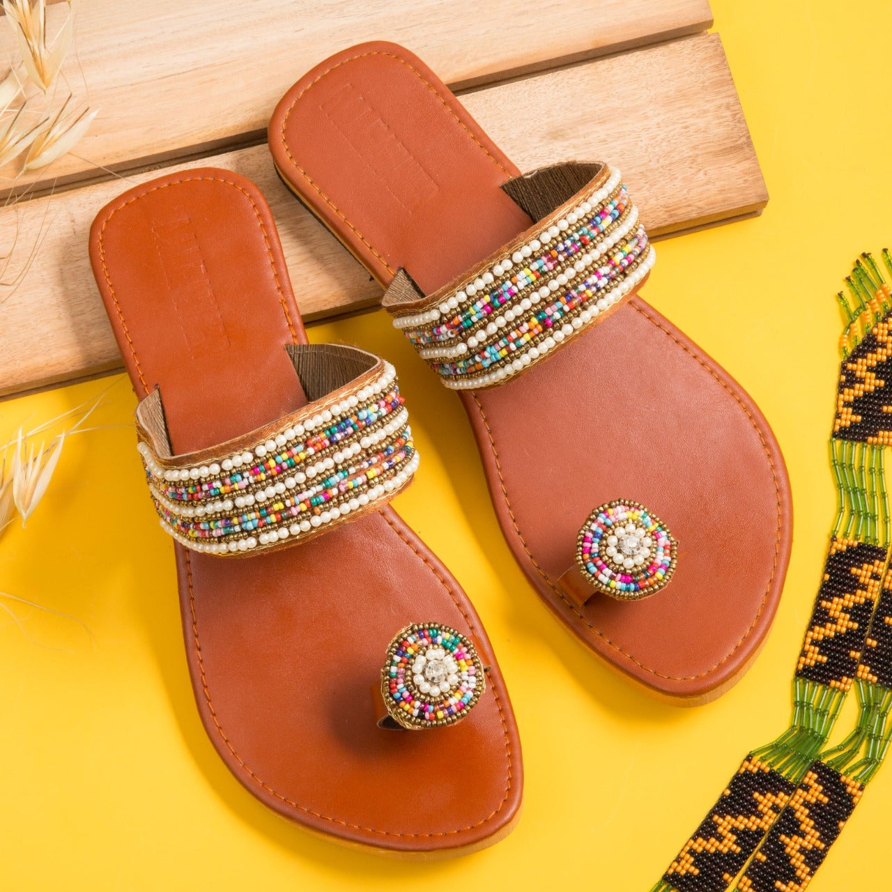 Flat Sandal With Beaded Strap and Toe Detail