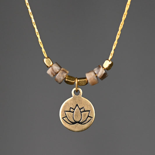 Stamped Lotus Pendant Necklace With Jasper