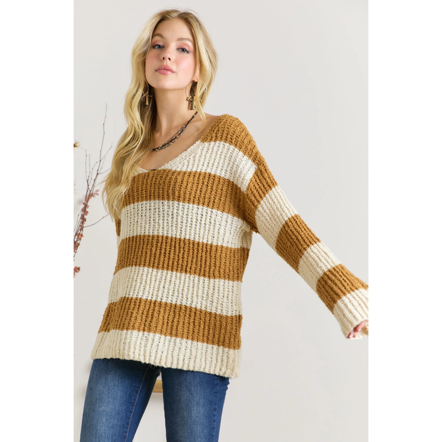 Camel/Beige V Neck Striped Sweater With Bell Sleeves