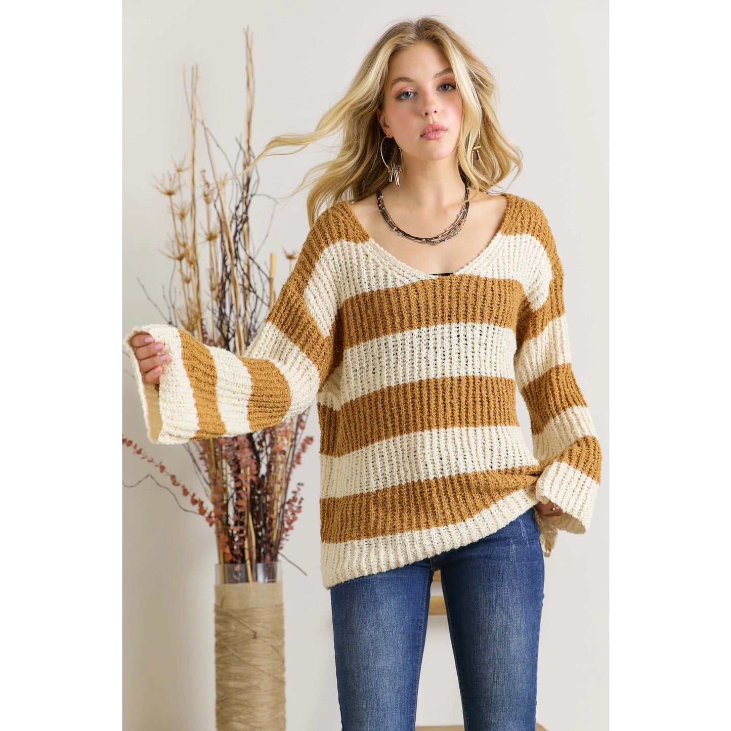 Camel/Beige V Neck Striped Sweater With Bell Sleeves