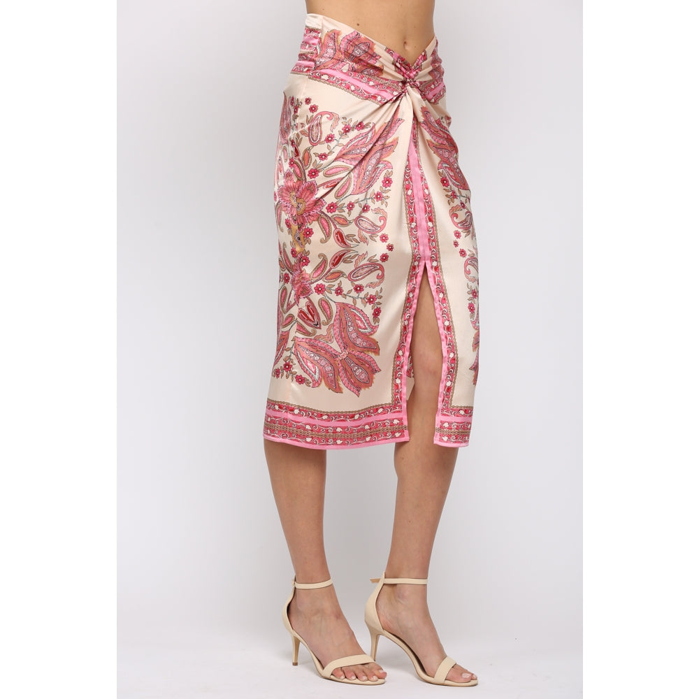 Pink Border Print Twist Waist Tie Skirt