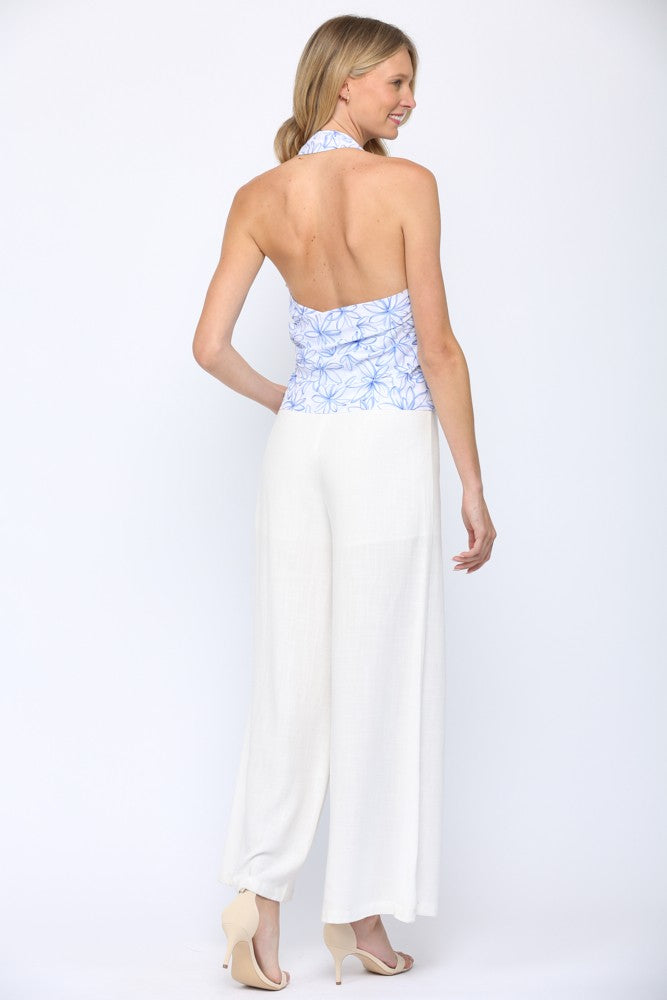 Blue and White Twist Front Open Back Cotton Top