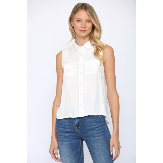 Cream Sleeveless Button Down Shirt With 2 Front Pockets