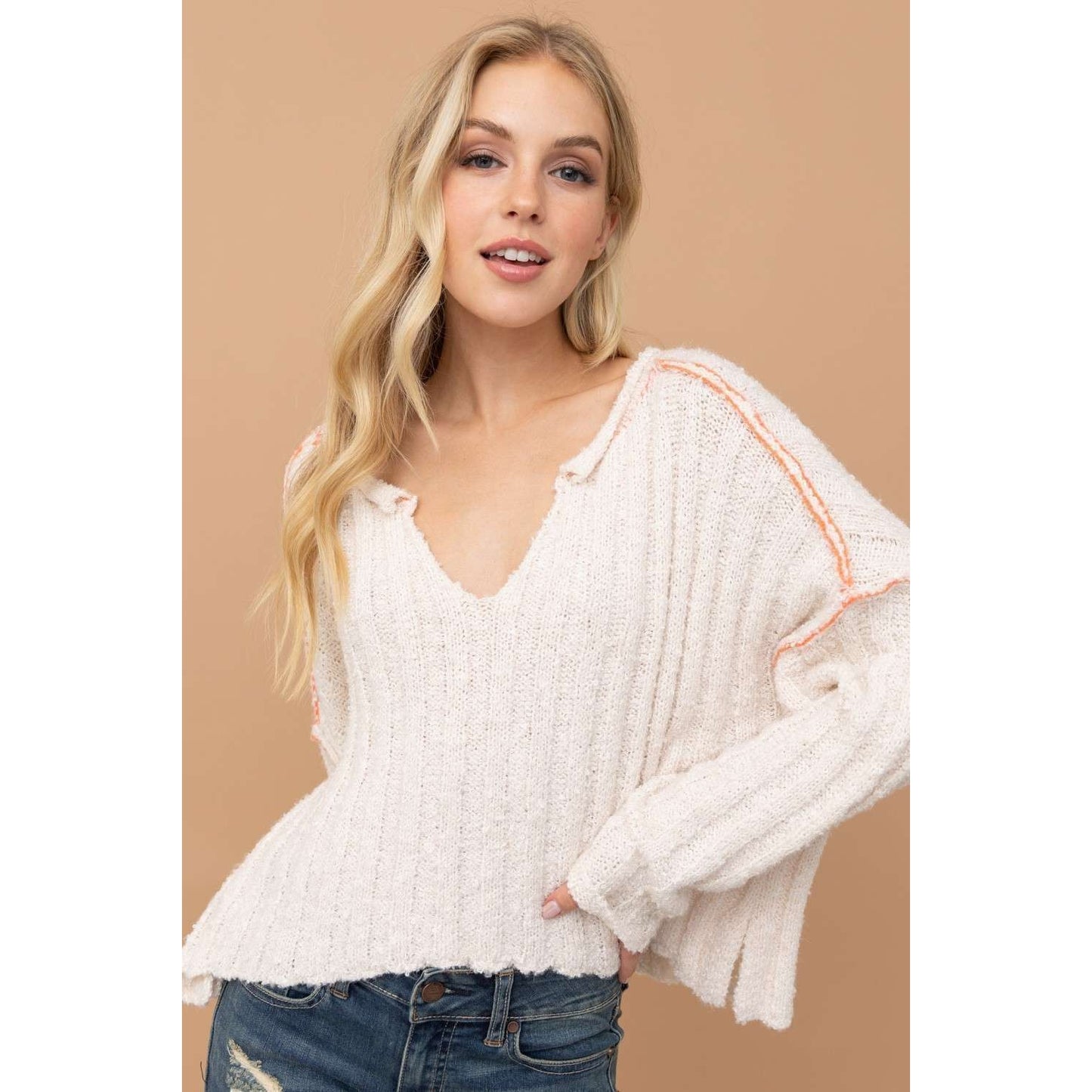 Ivory Oversized V Neck Sweater With Contrast Stitching