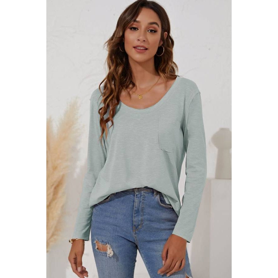 Pale Turquoise Scoop Neck Long Sleeve Top
