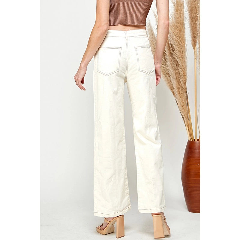 Ivory Stretch Twill Pants With Front Patched Pockets