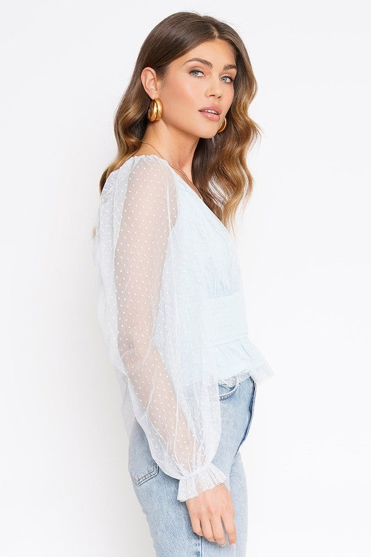 Light Blue Mesh Smocked Bodice Top With Swiss Dot Sleeves