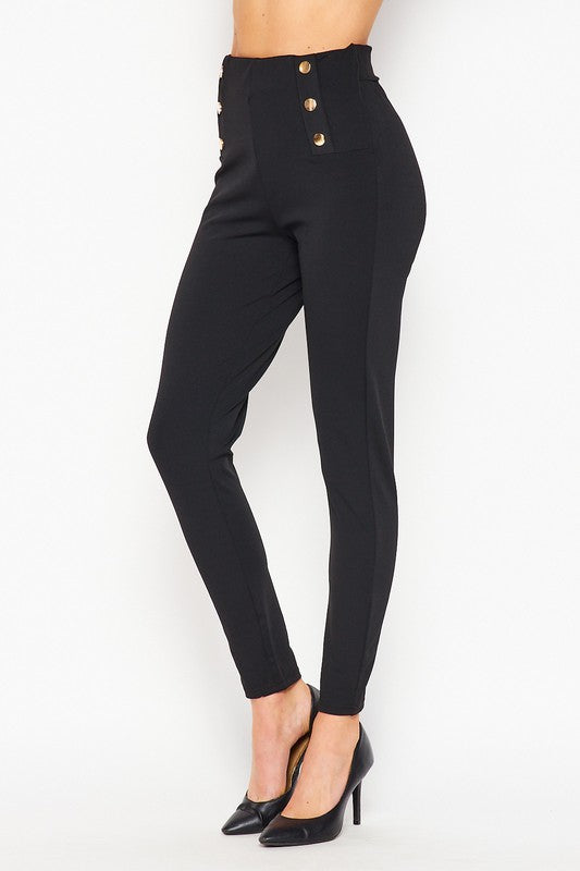 Black High Waist Solid Stretch Pant With 6 Buttons Adorning The Front