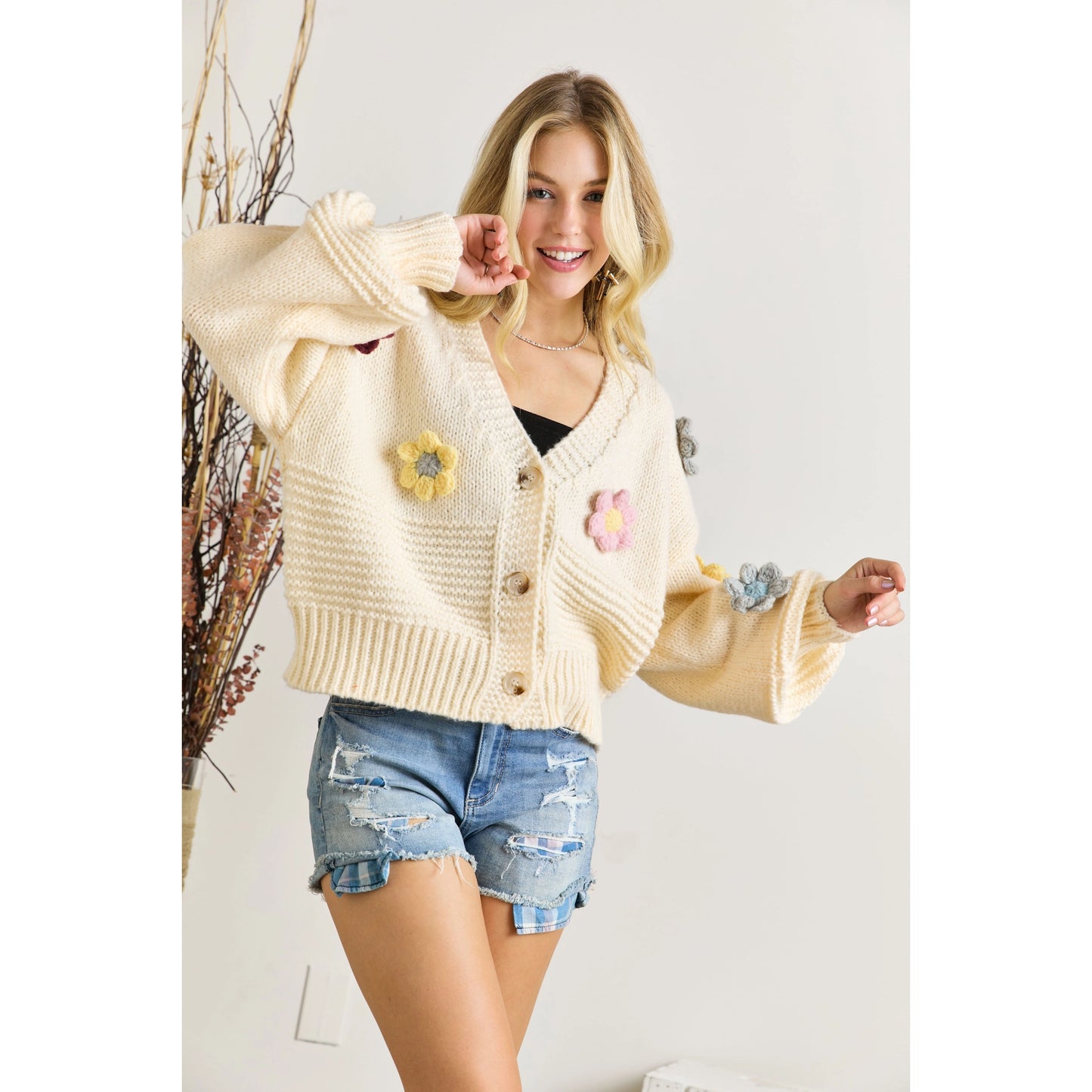 Cream Button Down Cardigan With 3 Dimensional Flower Applique