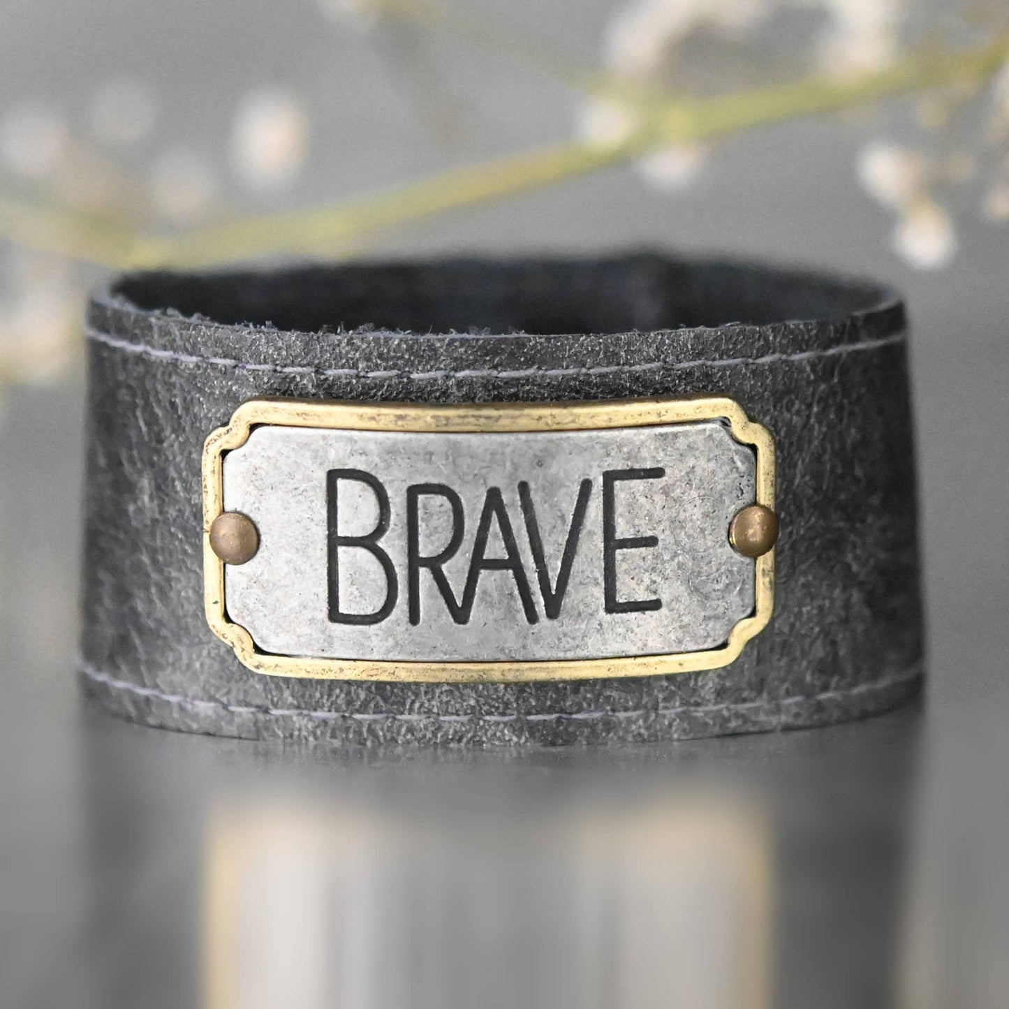 Washed Black Leather BRAVE Cuff