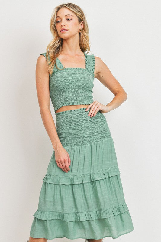 Green Textured Woven Fabric Smocking Tiered Skirt