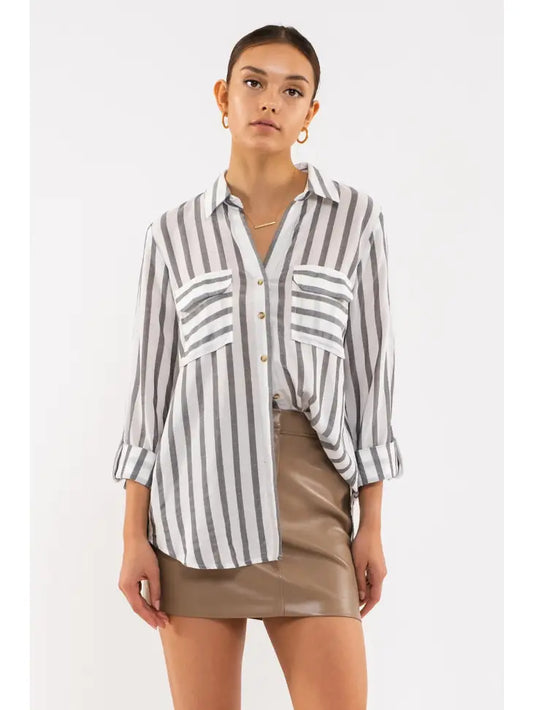 Black And White Striped Button Down With Front Pockets, REBELRY BOUTIQUE