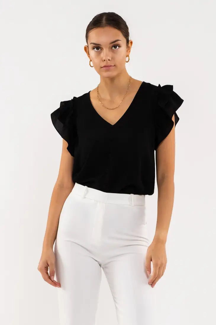 Black V Neck Double Ruffle Top, REBELRY BOUTIQUE, Arvada, CO