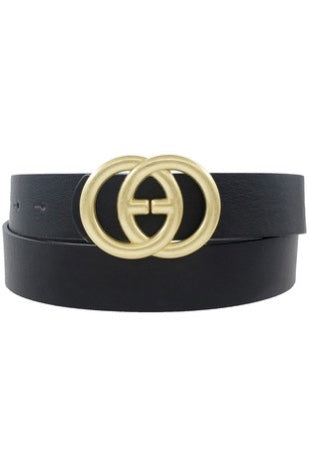 Black Faux Leather Belt With Gold Center Cut Out Double Buckle