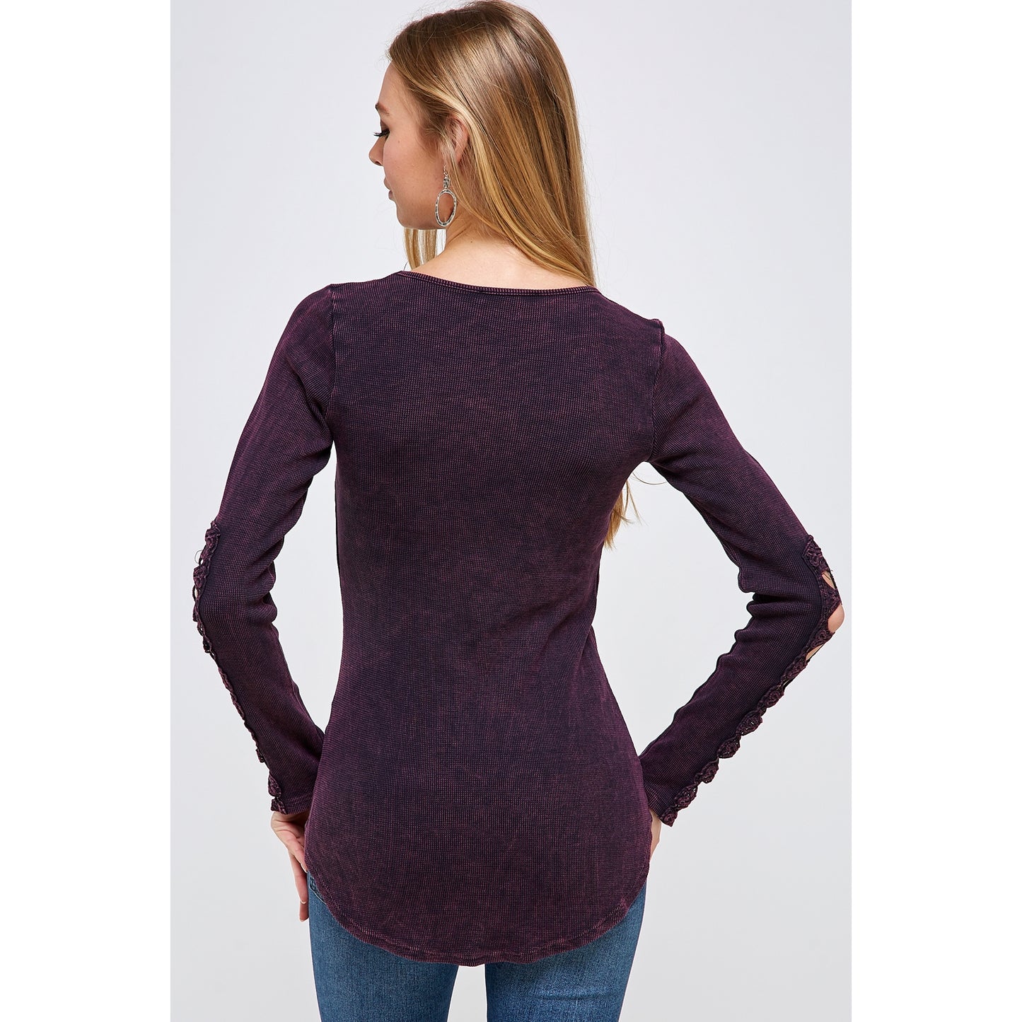 Eggplant Thermal Top With Crochet Embroidered Lace Patch On Sleeve