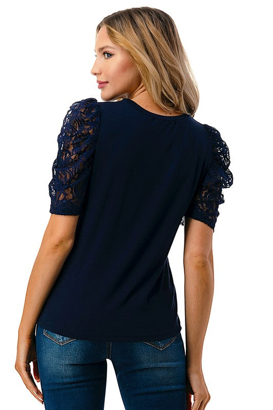Navy Puff Lace Sleeve Top